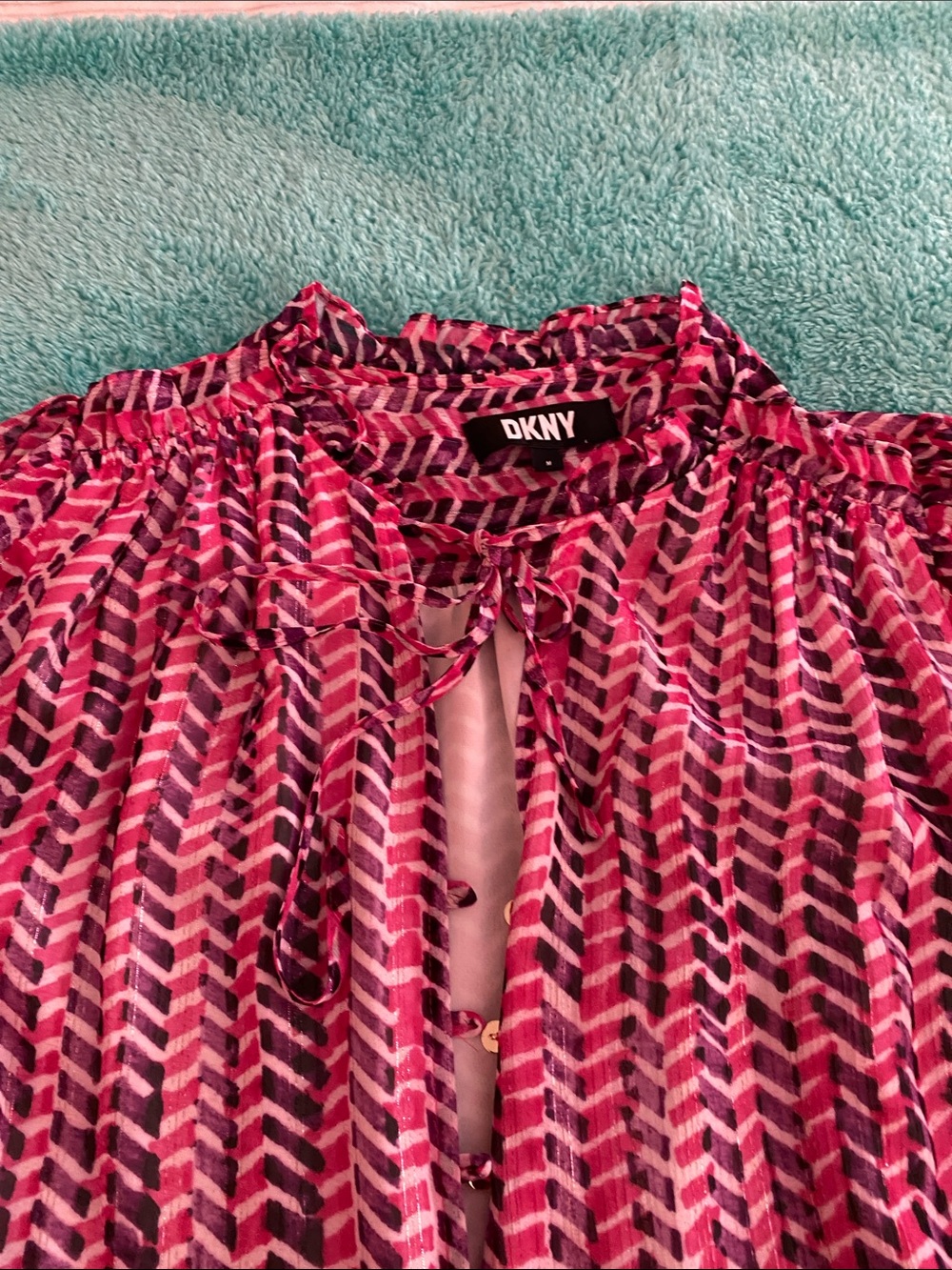 DKNY Pink and Black Chevron Tie-Neck Blouse